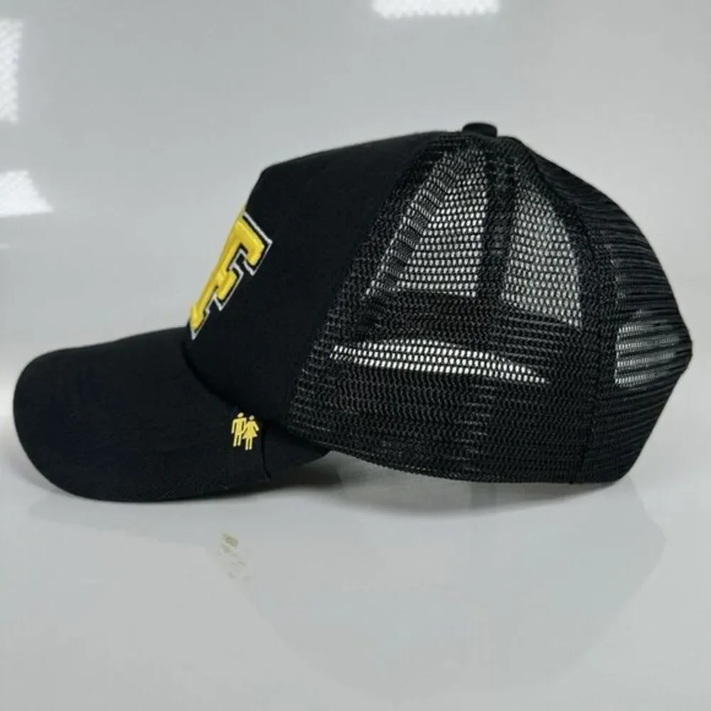 Homme Femme HF‎ Varsity Font Trucker Hat SnapBack Black Yellow Letterman OSFA